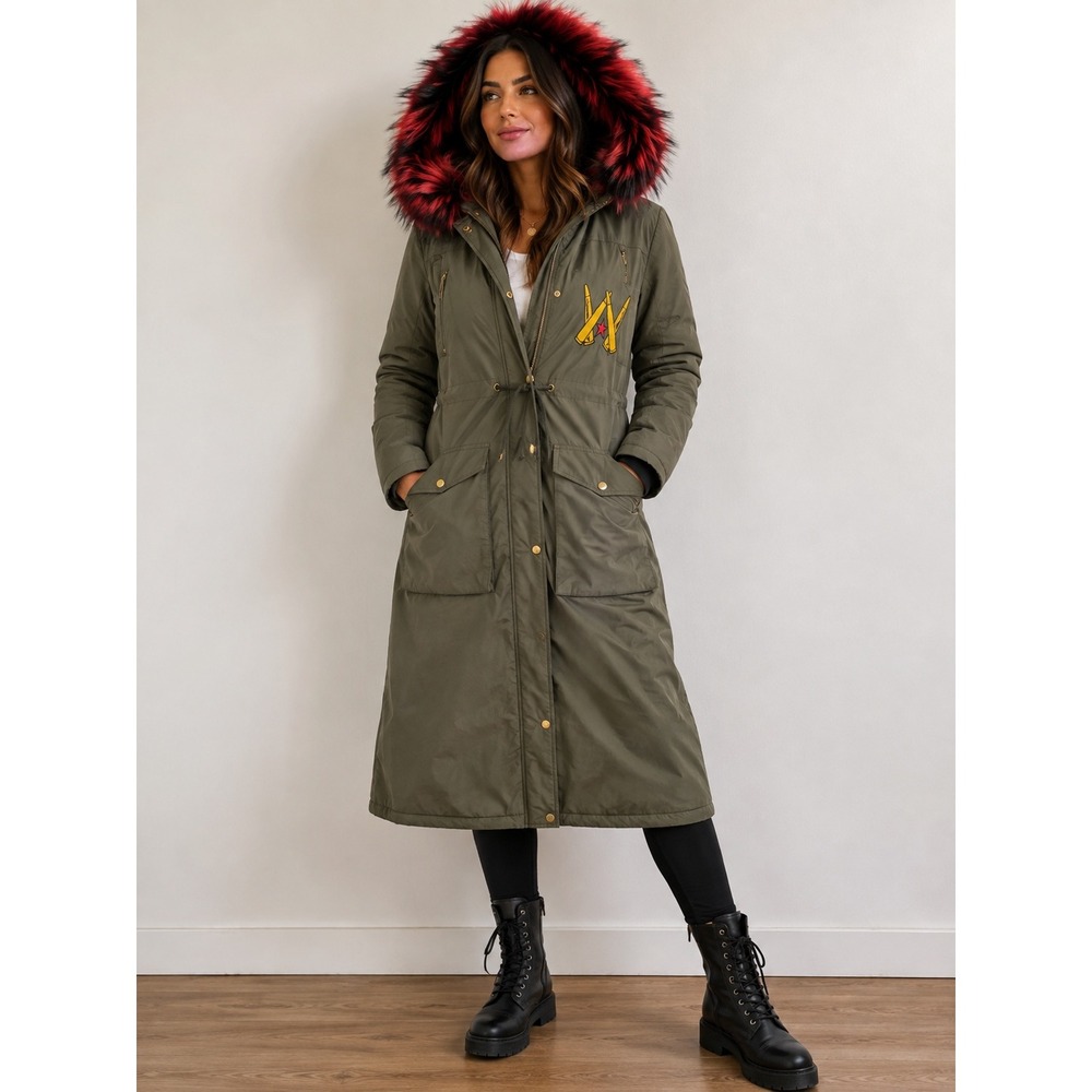 Olive‎ Long Military Parka Red Faux Fur Hood Utility Coat Y2K Women Men